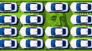 Illustration of a fleet of cars on a hundred dollar bill with Benjamin Franklin's eyes peering through. 